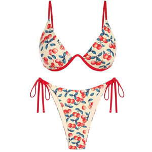 Womens 2 Pc Swimsuit Cherries Lg Side Tie Thong Adjustable Back Clasp